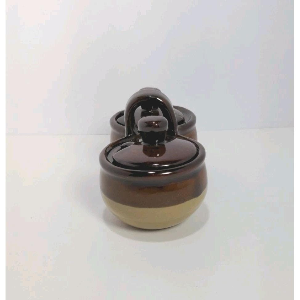 Vintage Jam Server Double Pot Brown Ceramic Lidded Condiment