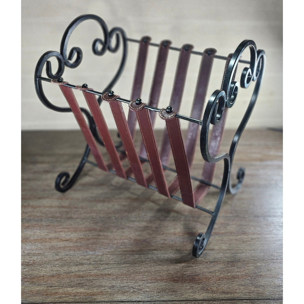 Vintage Iron & Leather Magazine Rack 16" Tall Rustic Book Holder