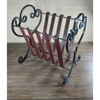 Vintage Iron & Leather Magazine Rack 16" Tall Rustic Book Holder