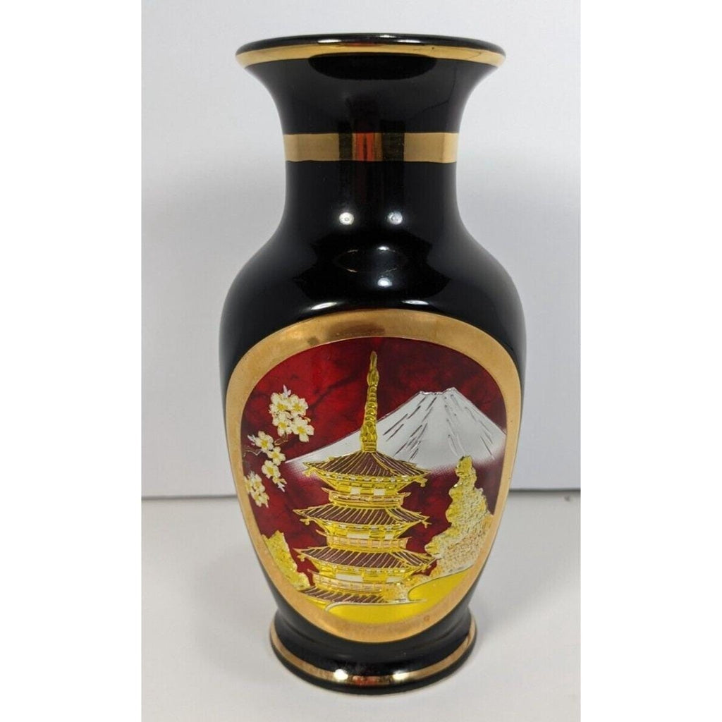 Vintage Chokin Vase Pagoda Scene Gold Gilded Japan 6.25"