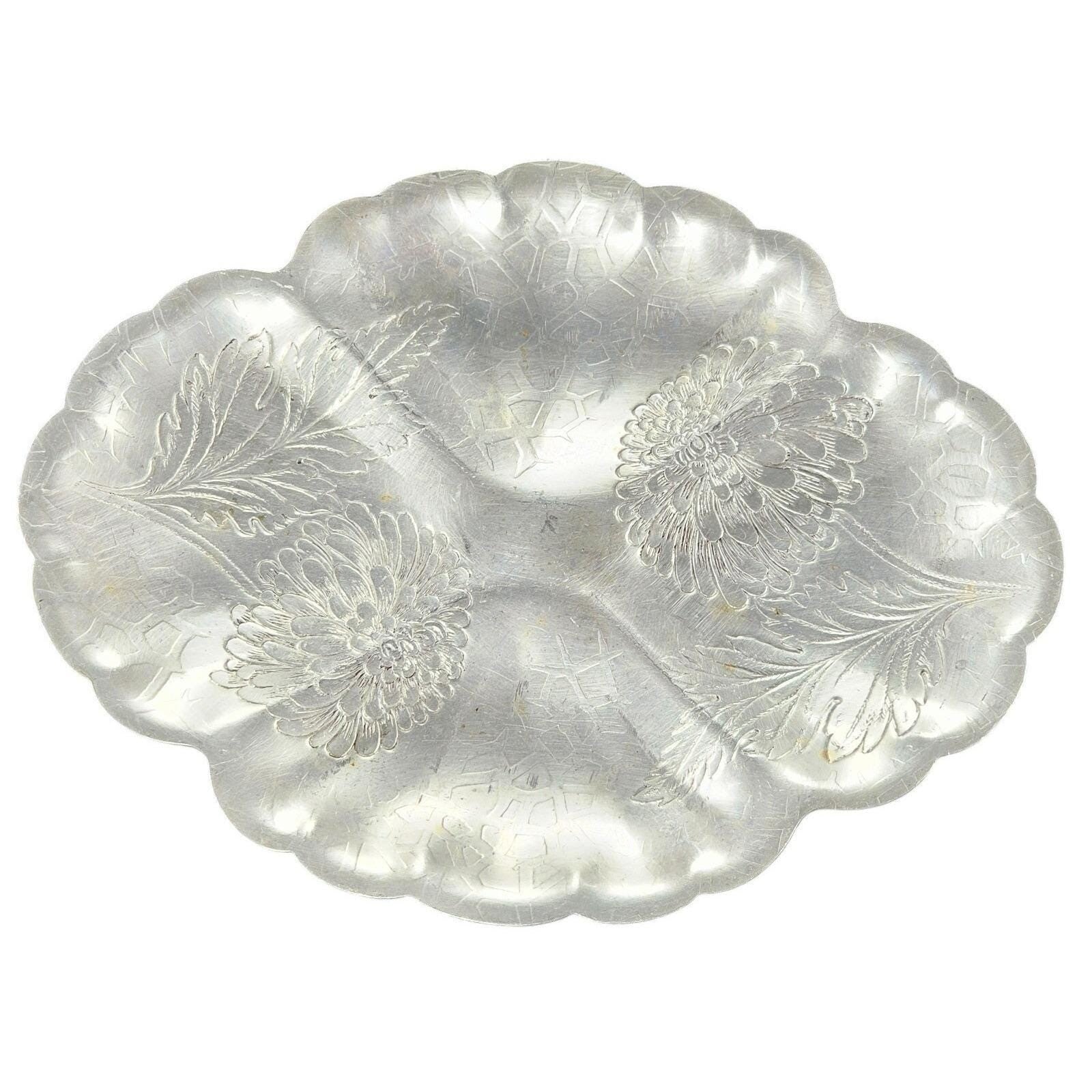 Vintage Forman Etched Aluminum Tray Oval Floral Sectioned Serving Tray 9.5"