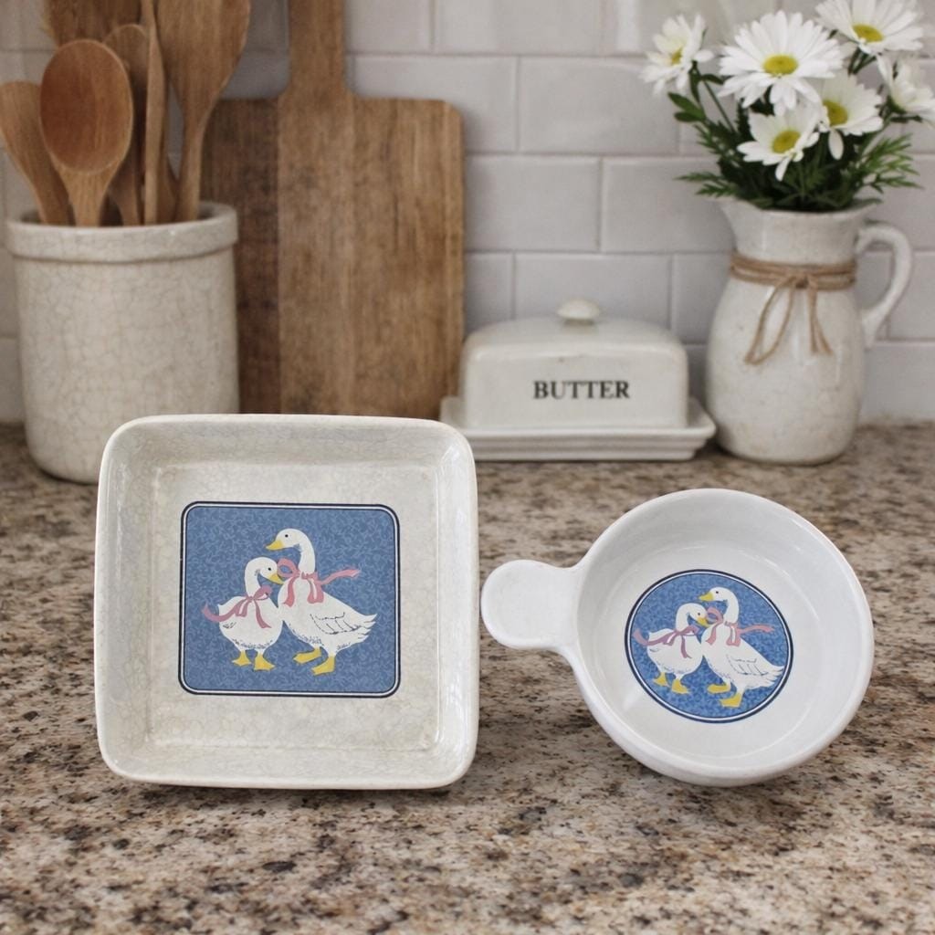 Vintage Goose Baking Dishes Set Square & Round Farmhouse Kitchen Decor READ