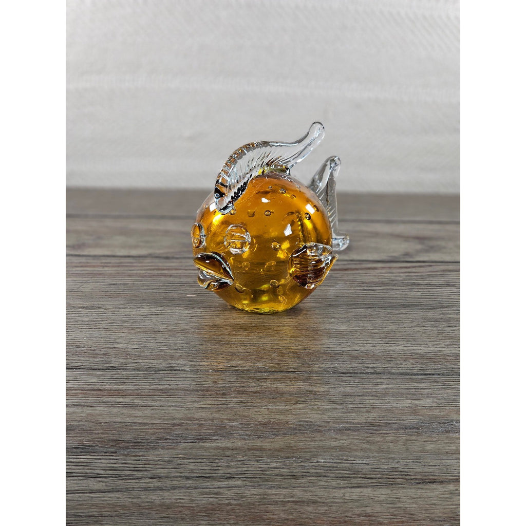 Vintage Amber Art Glass Fish Figurine 5" Hand Blown Bubble Glass