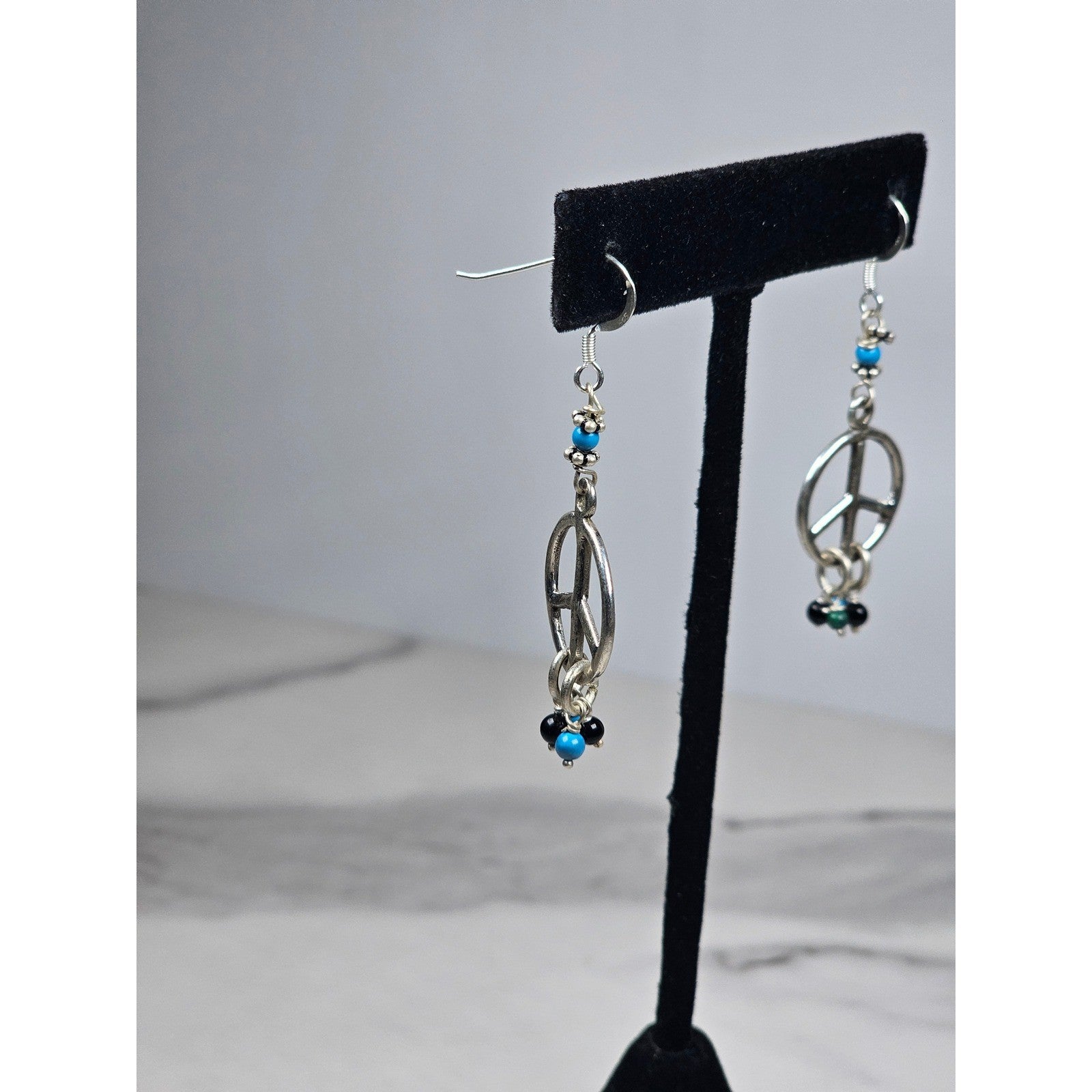 Vintage Sterling Silver Peace Sign Dangle Earrings 925 Beaded
