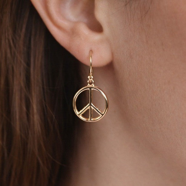 Vintage Gold Tone Peace Sign Dangle Earrings Boho Retro Jewelry