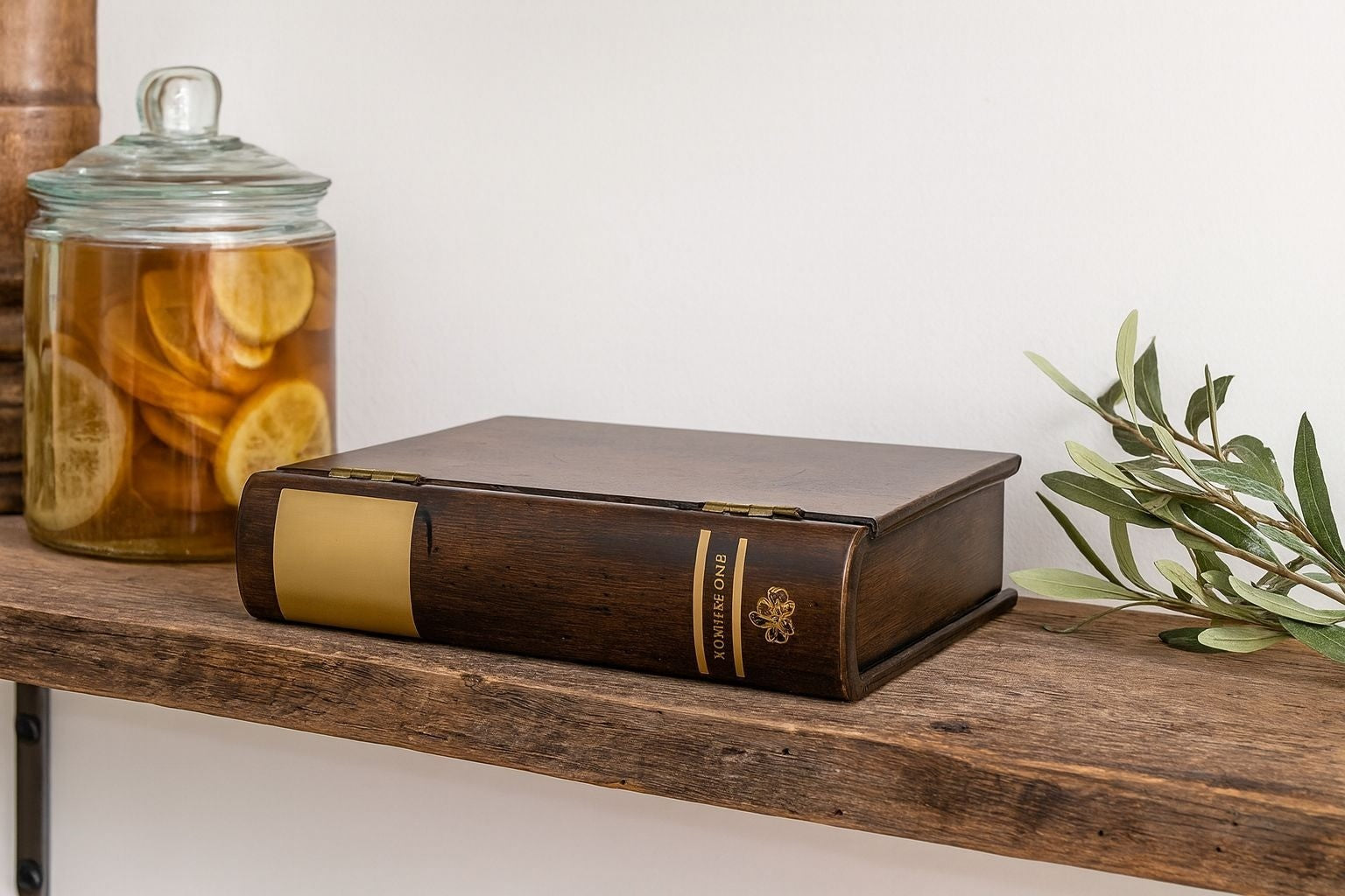 Bombay Company Wooden Memory Keepsake Box In Bookcase Style W/ Brass Hinges & "V