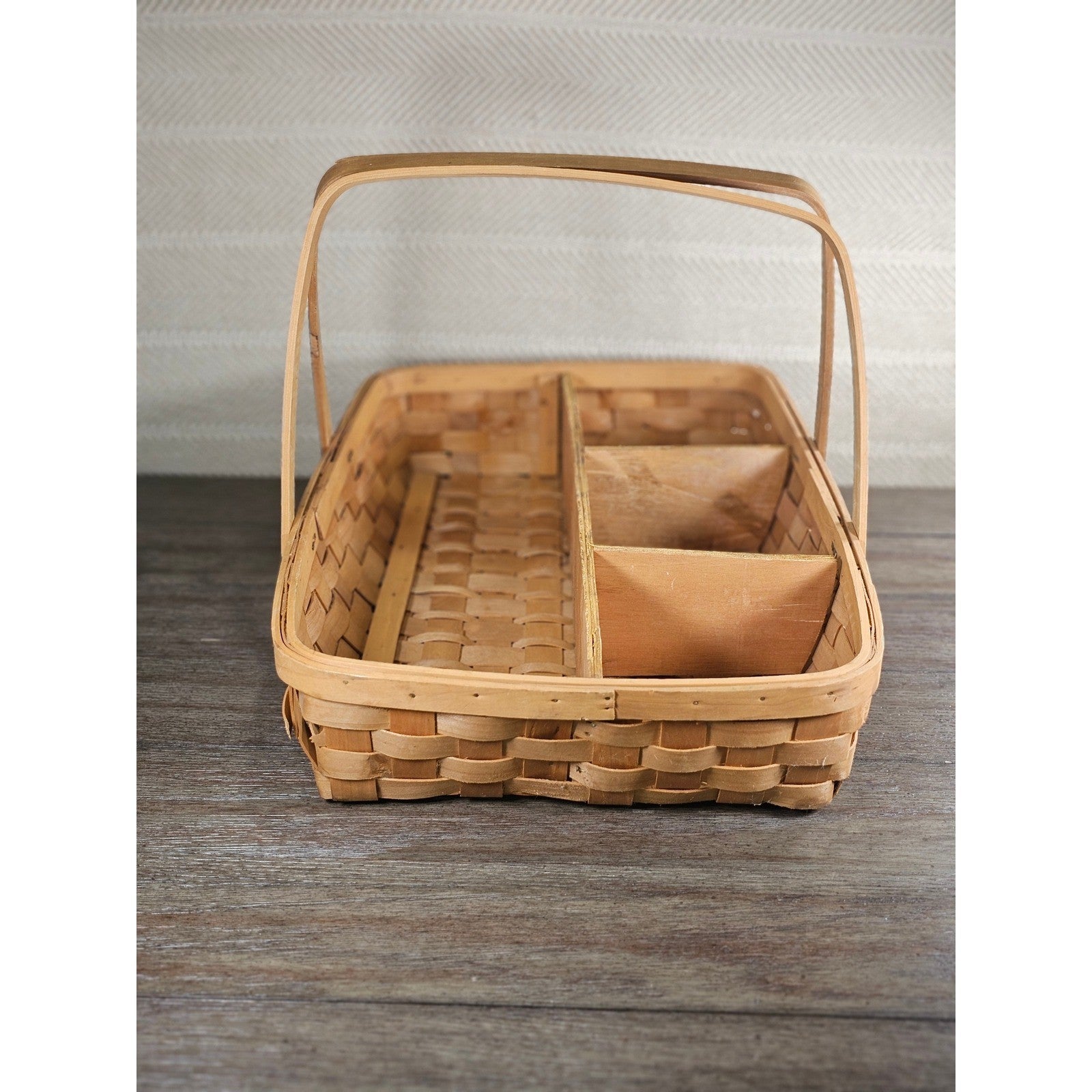 Vintage Wood Splint Divided Basket with Handle, Rustic Farmhouse Organizer