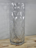 12" Glass Diamond-Cut Cylinder Vase – Vintage Clear Textured Centerpiece