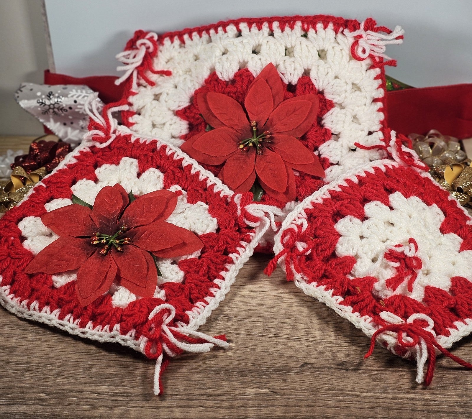 Set Of 3 Handmade Vintage 80s Poinsettia Crochet Ornaments White & Red