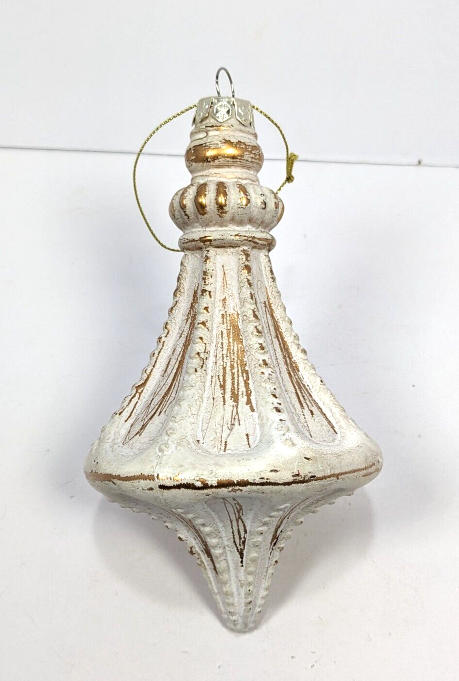 Vintage 6" Antiqued White and Gold Glass Ornament