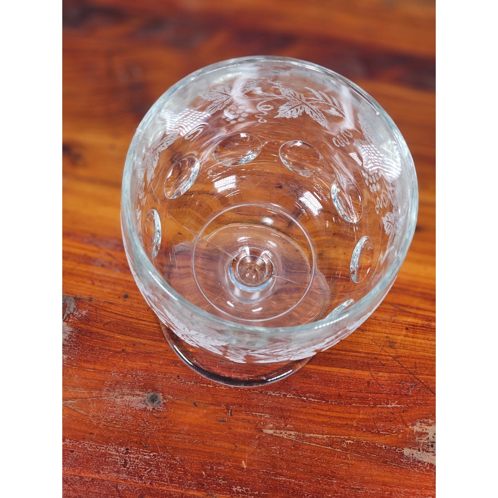 Vintage Etched Glass Goblet Grape Vine Design Clear Stem Wine Glass
