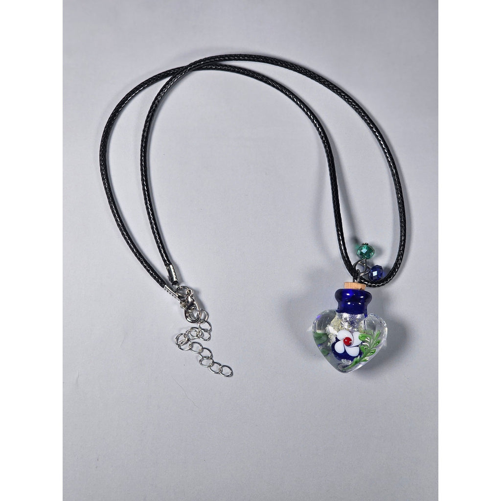 Glass Heart Bottle Pendant Necklace with Floral Design on Black Cord