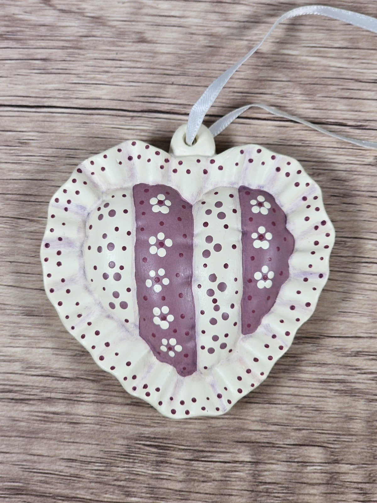 Vintage 1987 Heart-Shaped Ceramic Ornament 3" Pink & White Floral Design