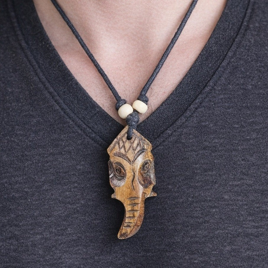 Vintage Hand Carved Tribal Mask Pendant Necklace Wood Beaded Cord