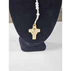 Vintage White Beaded Rosary Necklace Gold Tone Cross Pendant