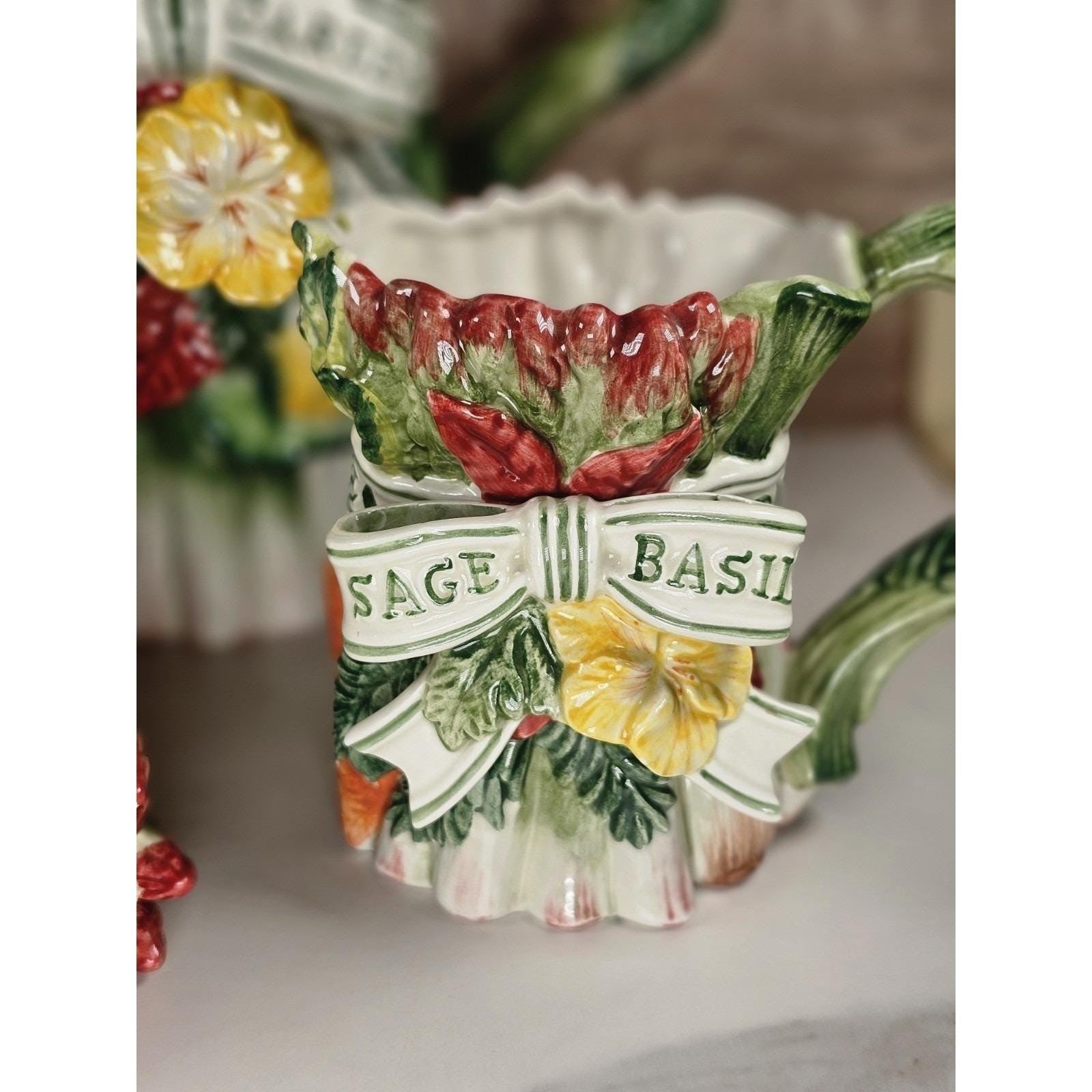 Vintage Fitz & Floyd Herb Garden Figural Asparagus Pitcher Mug  Lidded Box