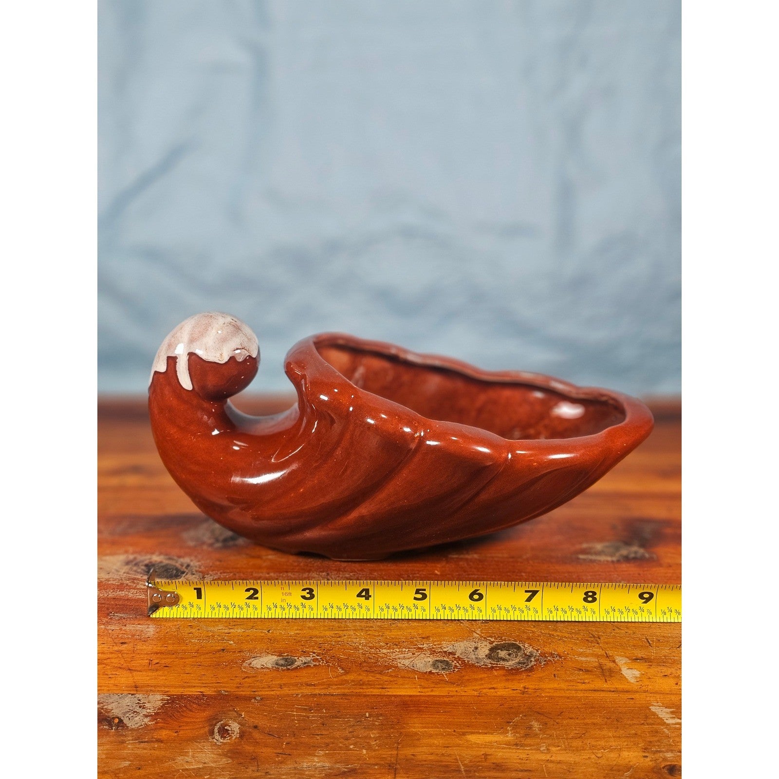 Vintage Ceramic Cornucopia Bowl Brown & White Art Pottery Mid Century Decor