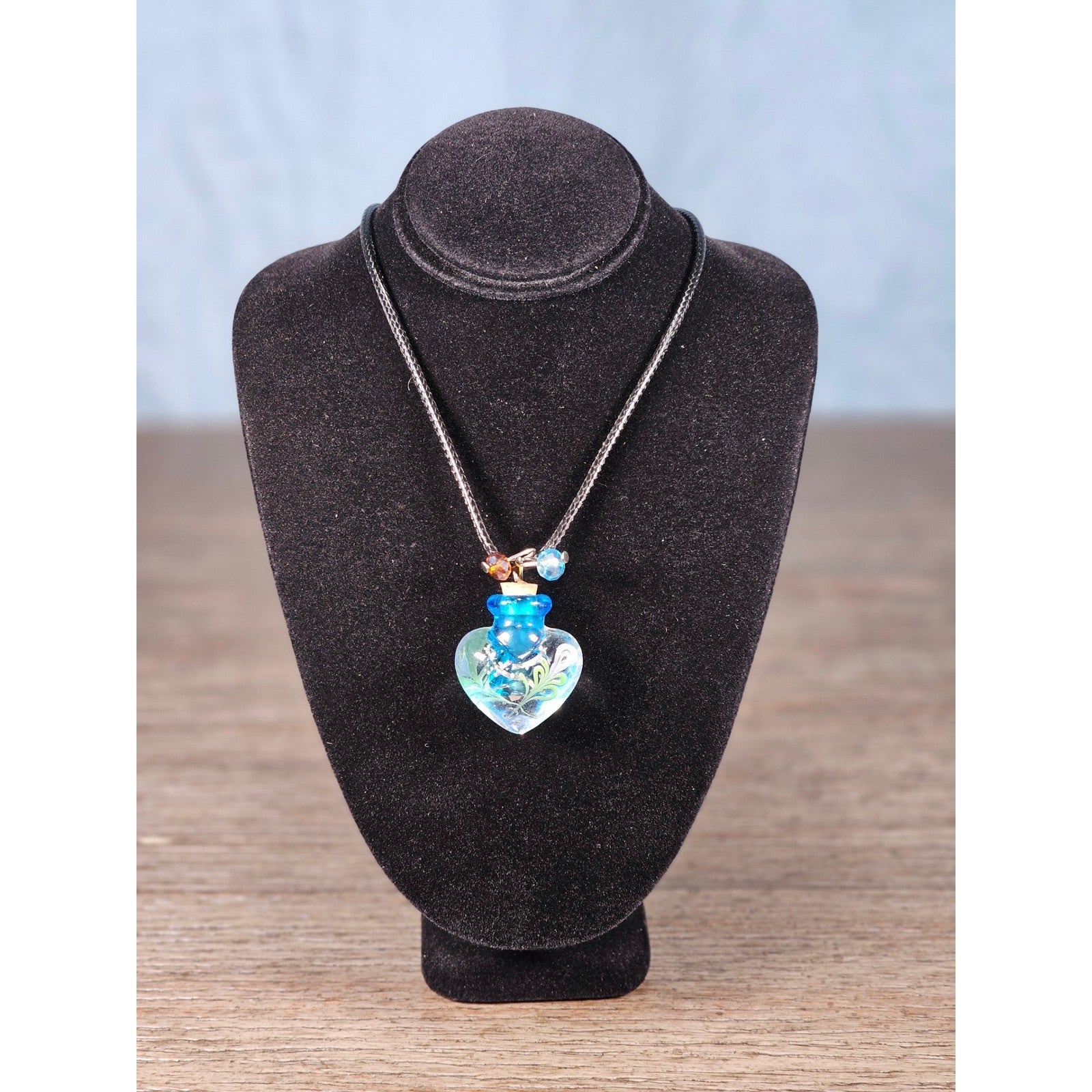 Vintage Glass Heart Bottle Pendant Necklace with Black Cord