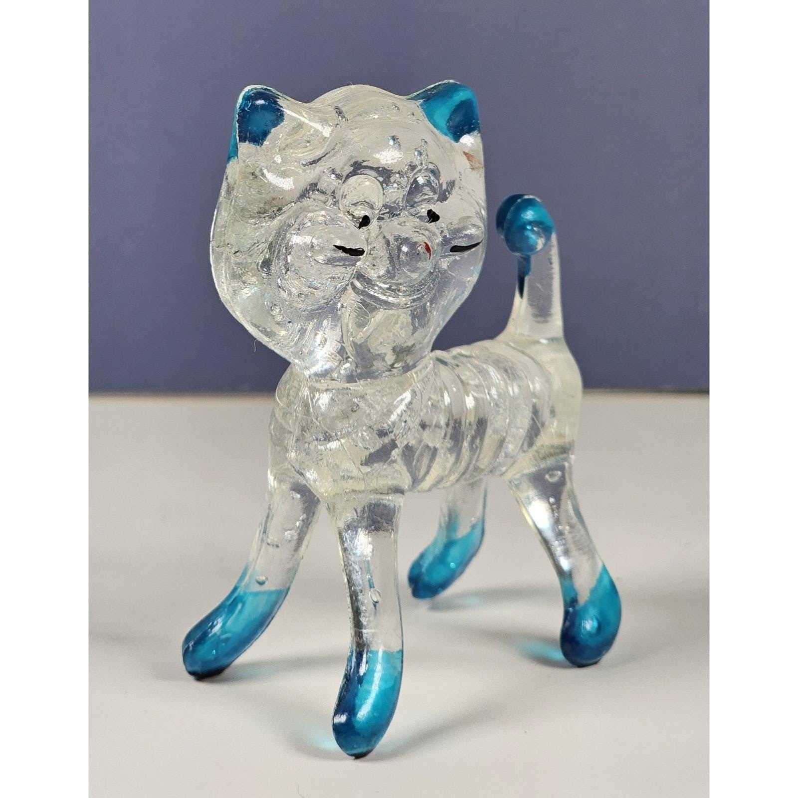 Vintage Lucite Cat Figurine Clear Blue Accents Hong Kong
