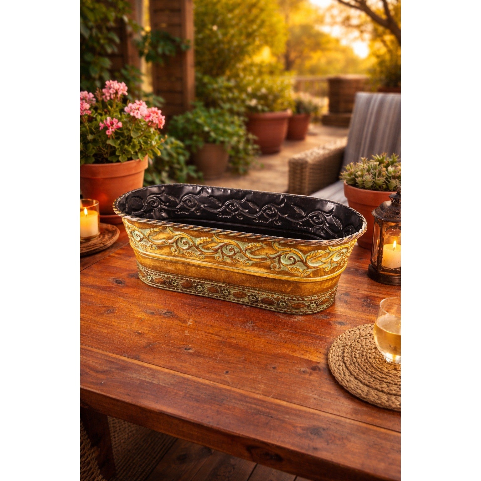 Vintage Embossed Oval Metal Planter Gold Verdigris Cachepot 18.5"