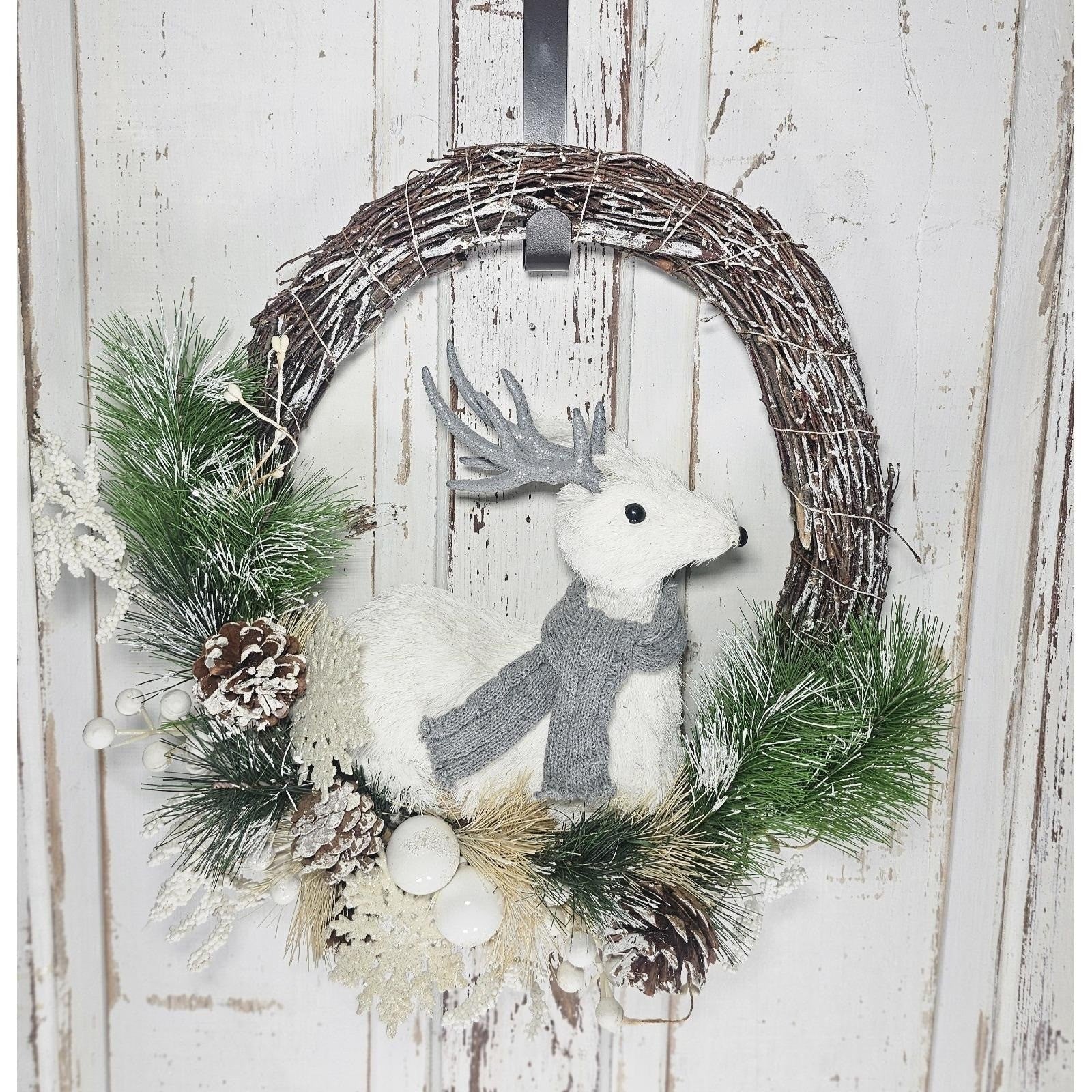 White Deer Christmas Wreath with Pinecones Greenery Snowflakes Rustic Holiday