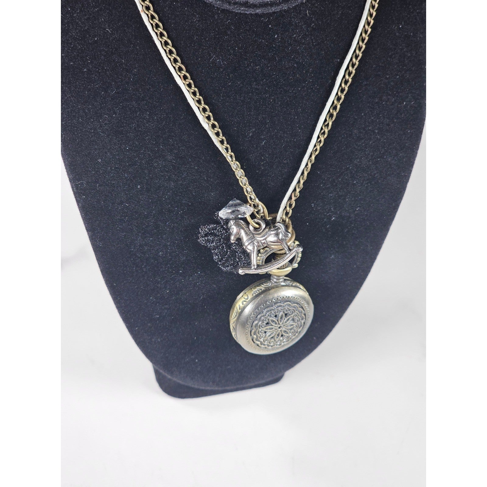 Vintage Pocket Watch Necklace Rocking Horse Charm Long Chain