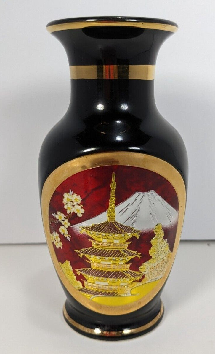 Vintage Chokin Vase With Pagoda Scene & Gold Accents
