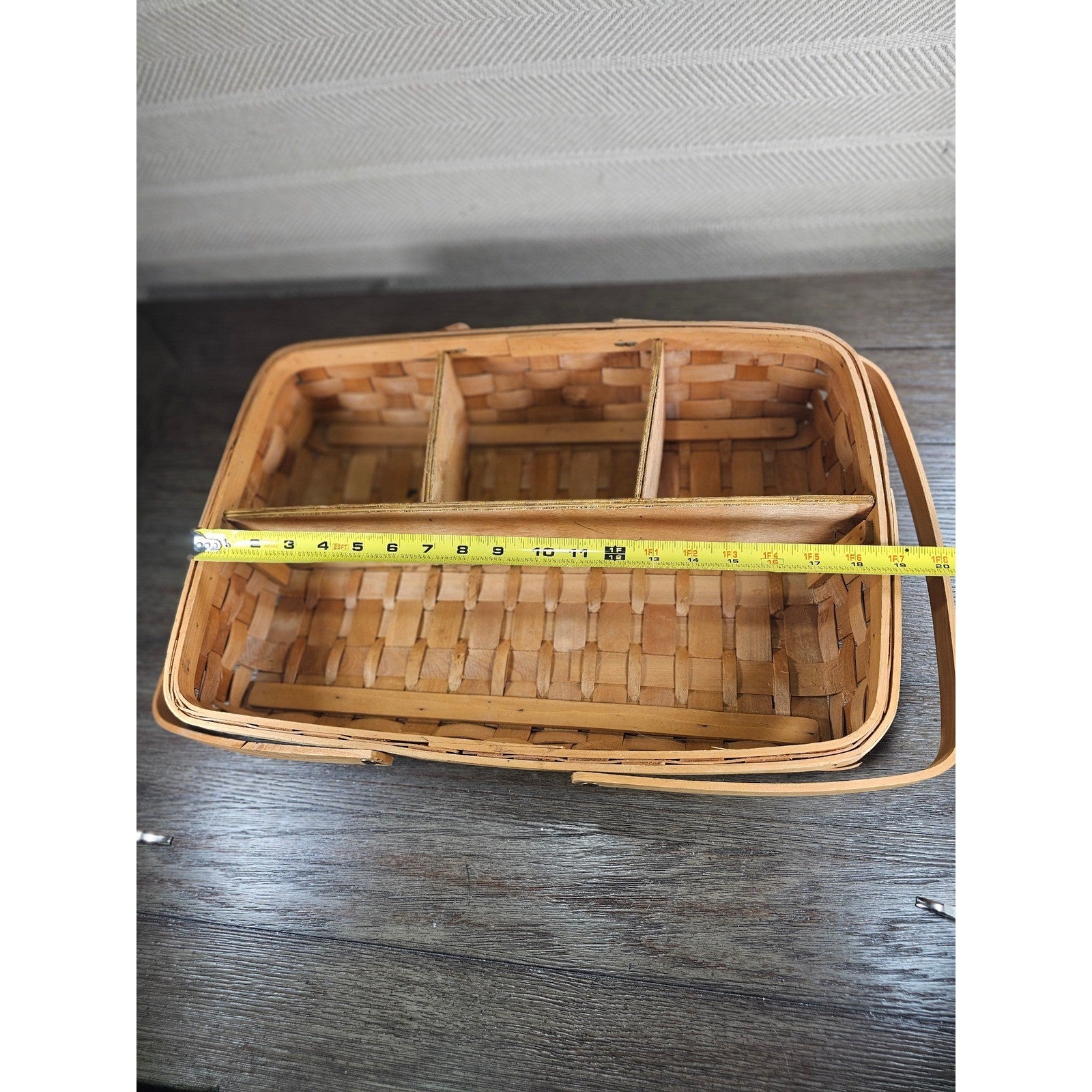 Vintage Wood Splint Divided Basket with Handle, Rustic Farmhouse Organizer