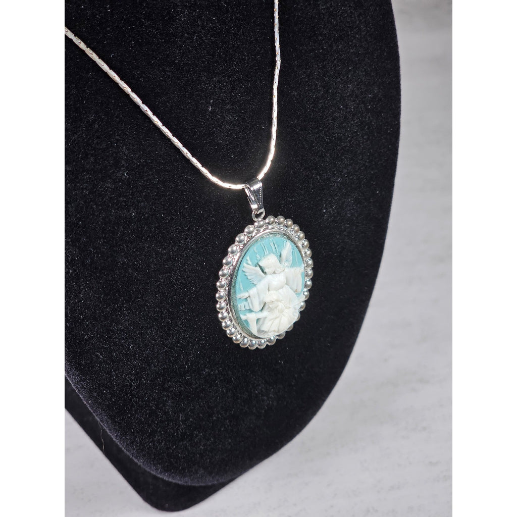 Vintage Angel Cameo Pendant Necklace Blue White Beaded Frame