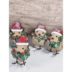 Set of 6 Burlap Bird Ornaments with Santa Hats Rustic Christmas Decor