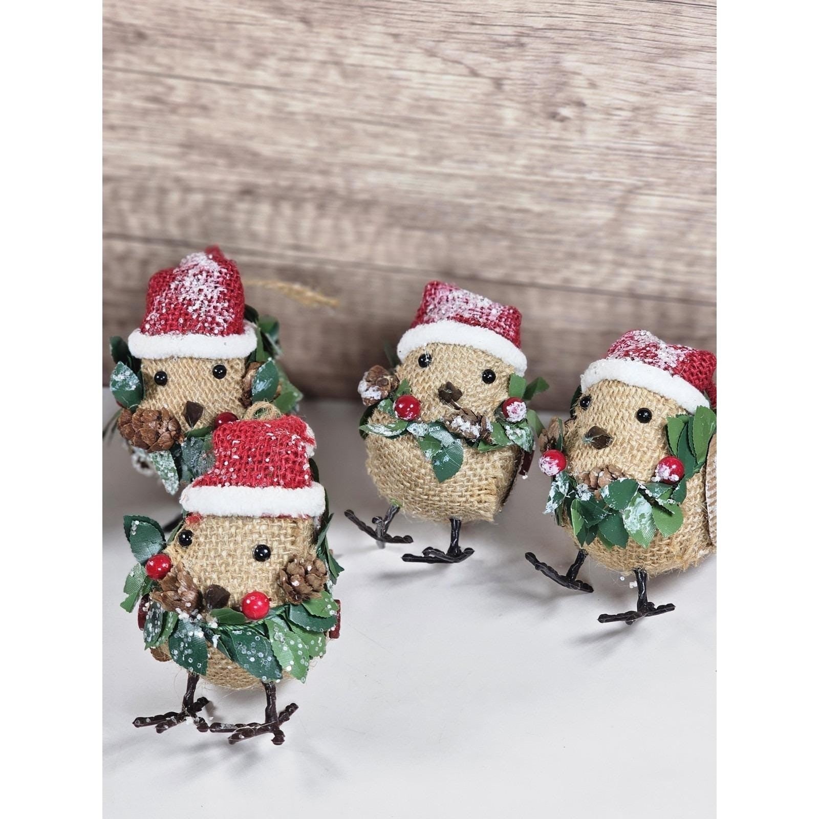 Set of 6 Burlap Bird Ornaments with Santa Hats Rustic Christmas Decor