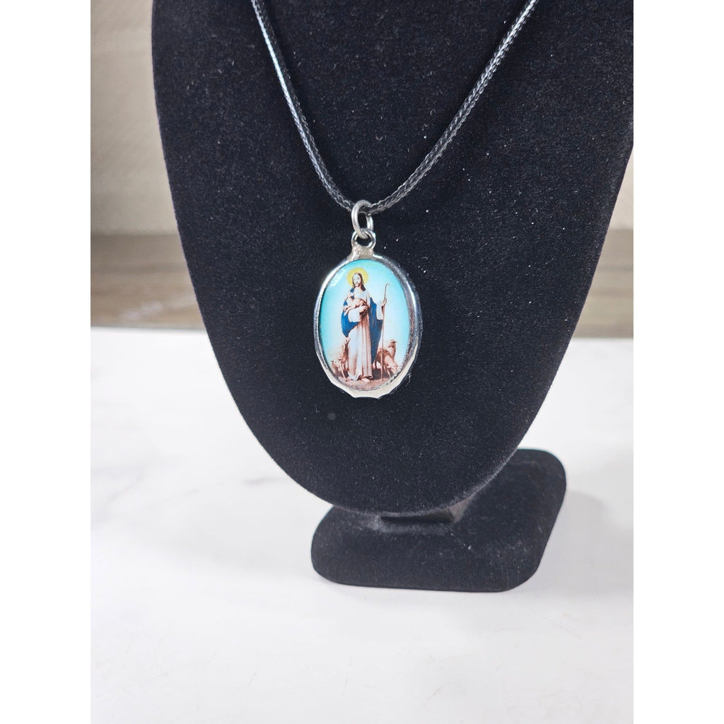 Vintage Religious Shepherd Pendant Aqua Blue Medallion