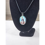 Vintage Religious Shepherd Pendant Aqua Blue Medallion