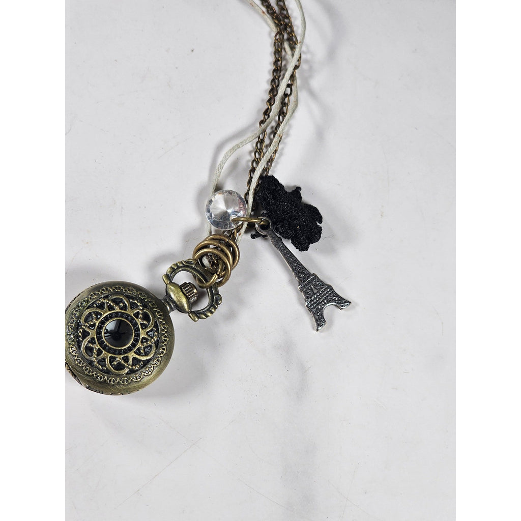 Vintage Pocket Watch Necklace Eiffel Tower Charm Long Chain