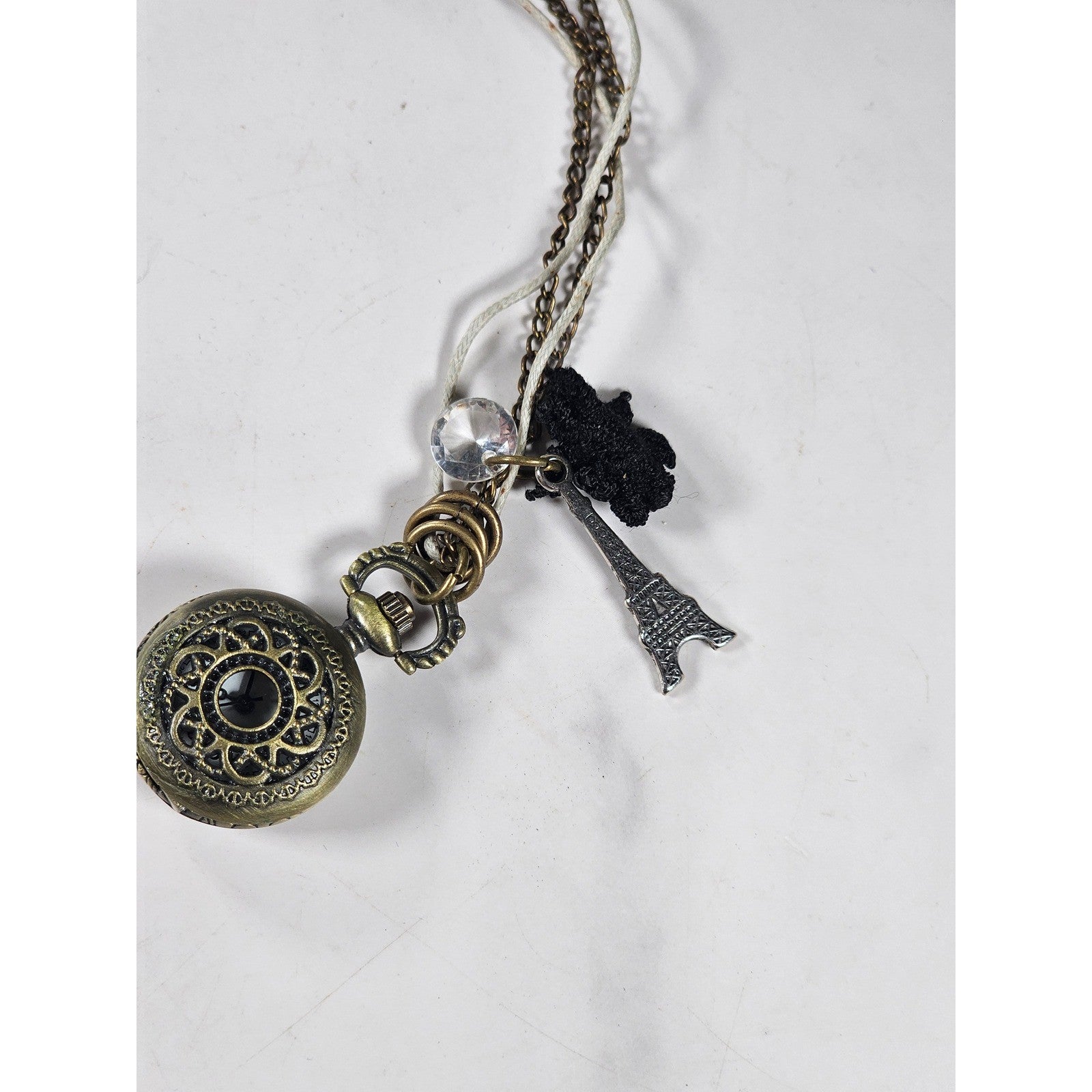 Vintage Pocket Watch Necklace Eiffel Tower Charm Long Chain