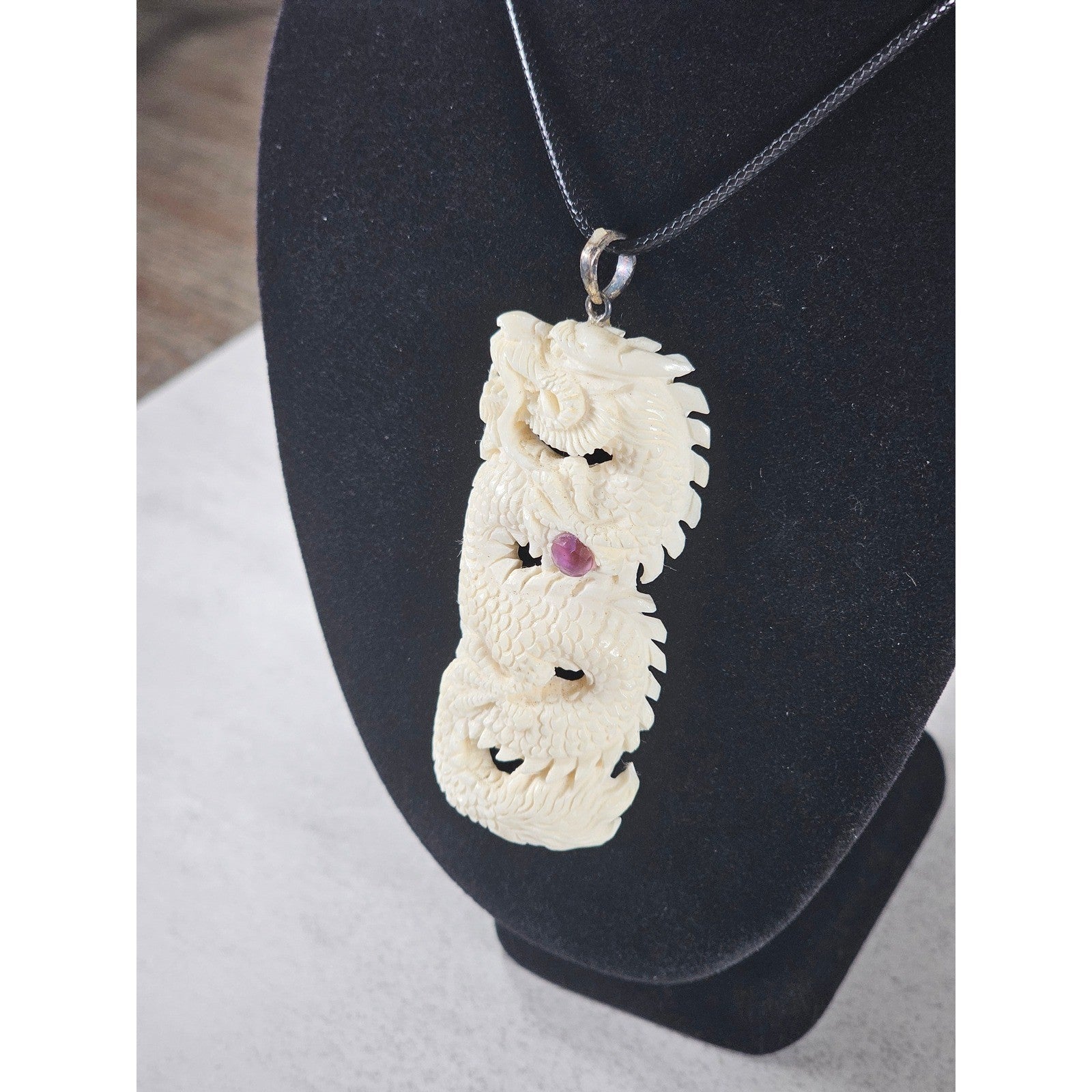 Vintage Carved Dragon Pendant Necklace With Pink Stone