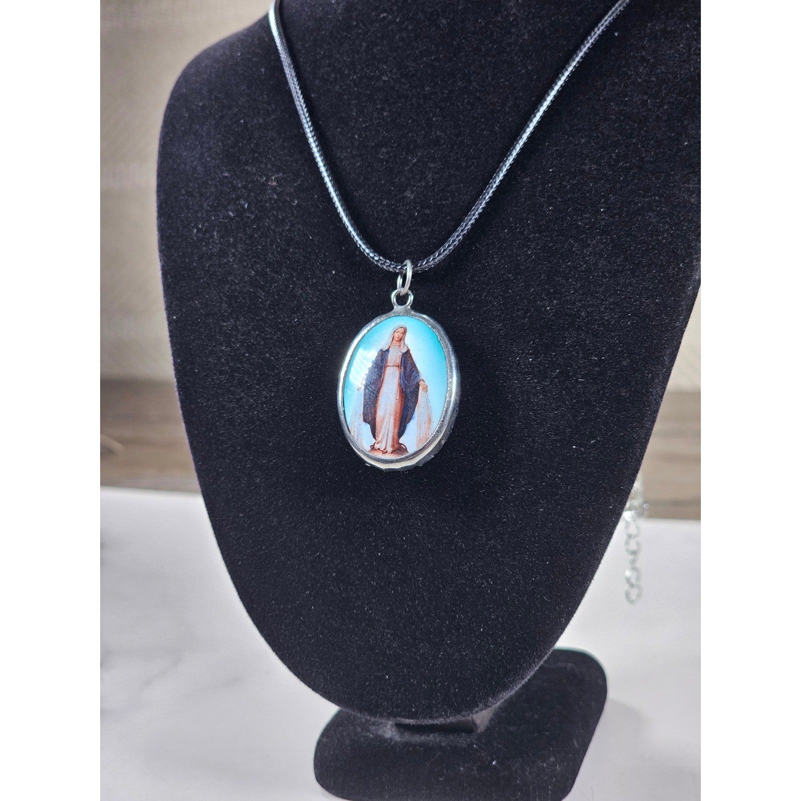 Vintage Miraculous Medal Necklace Oval Catholic Pendant