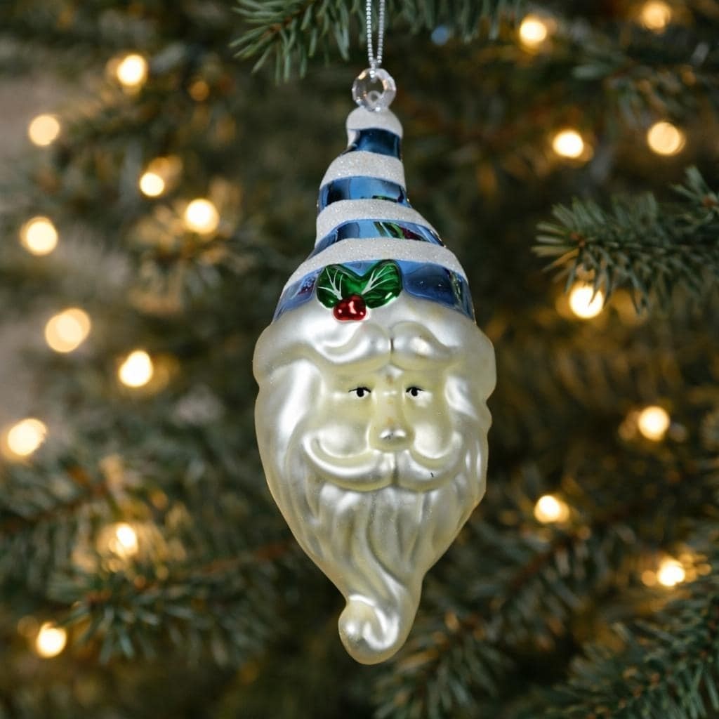 Vintage Handblown Glass Santa Ornament 7 Inch Blue Hat 1970s