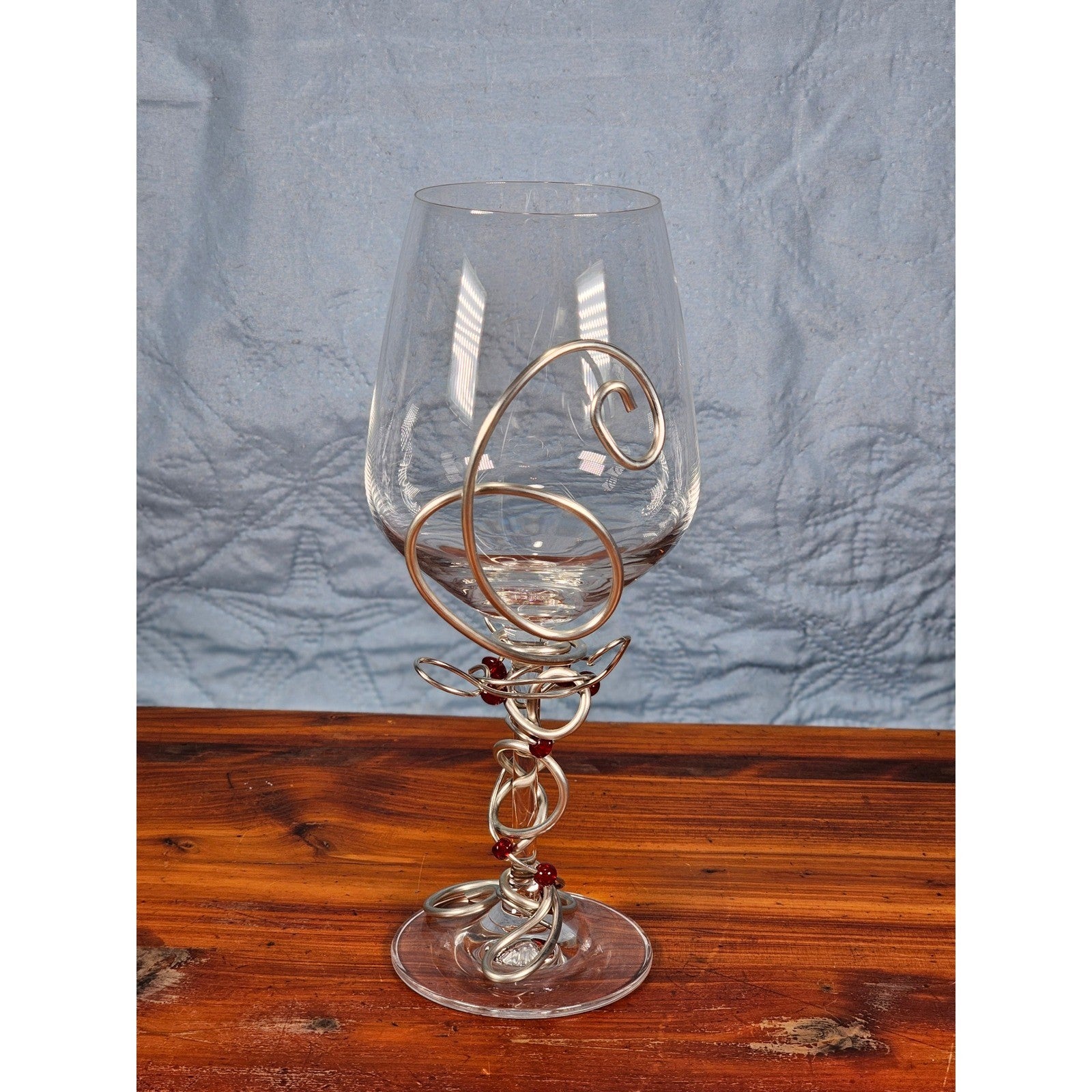 Handcrafted Crystal Wine Glass with Silver Wire & Red Beads Vintage Decor