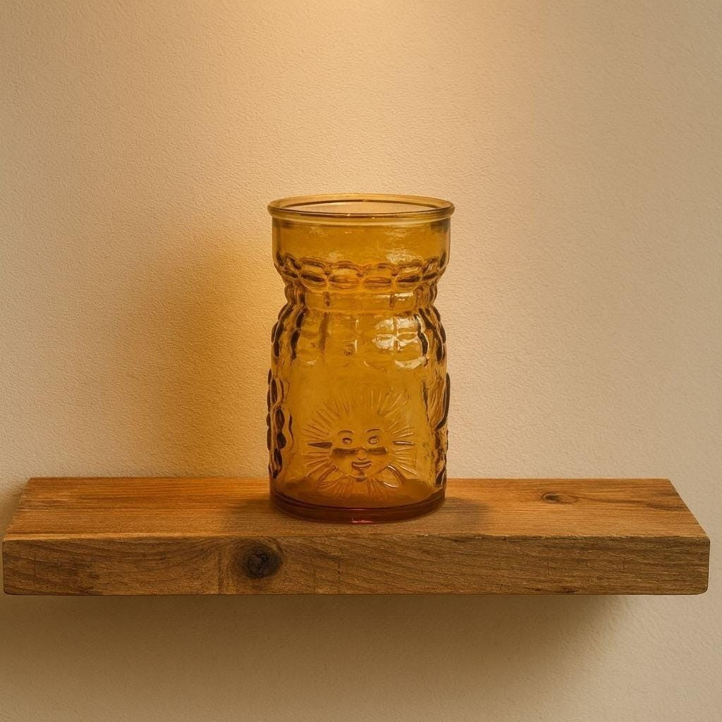 Amber Wheaton Glass Tumbler With Sun Snowflake & Leaf Design 3 3/4x 2 1/8