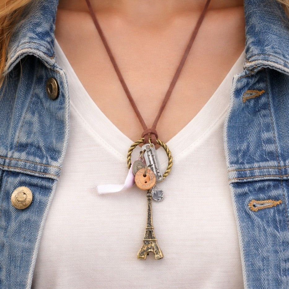 Vintage Eiffel Tower Charm Necklace on Suede Cord Paris Theme Jewelry