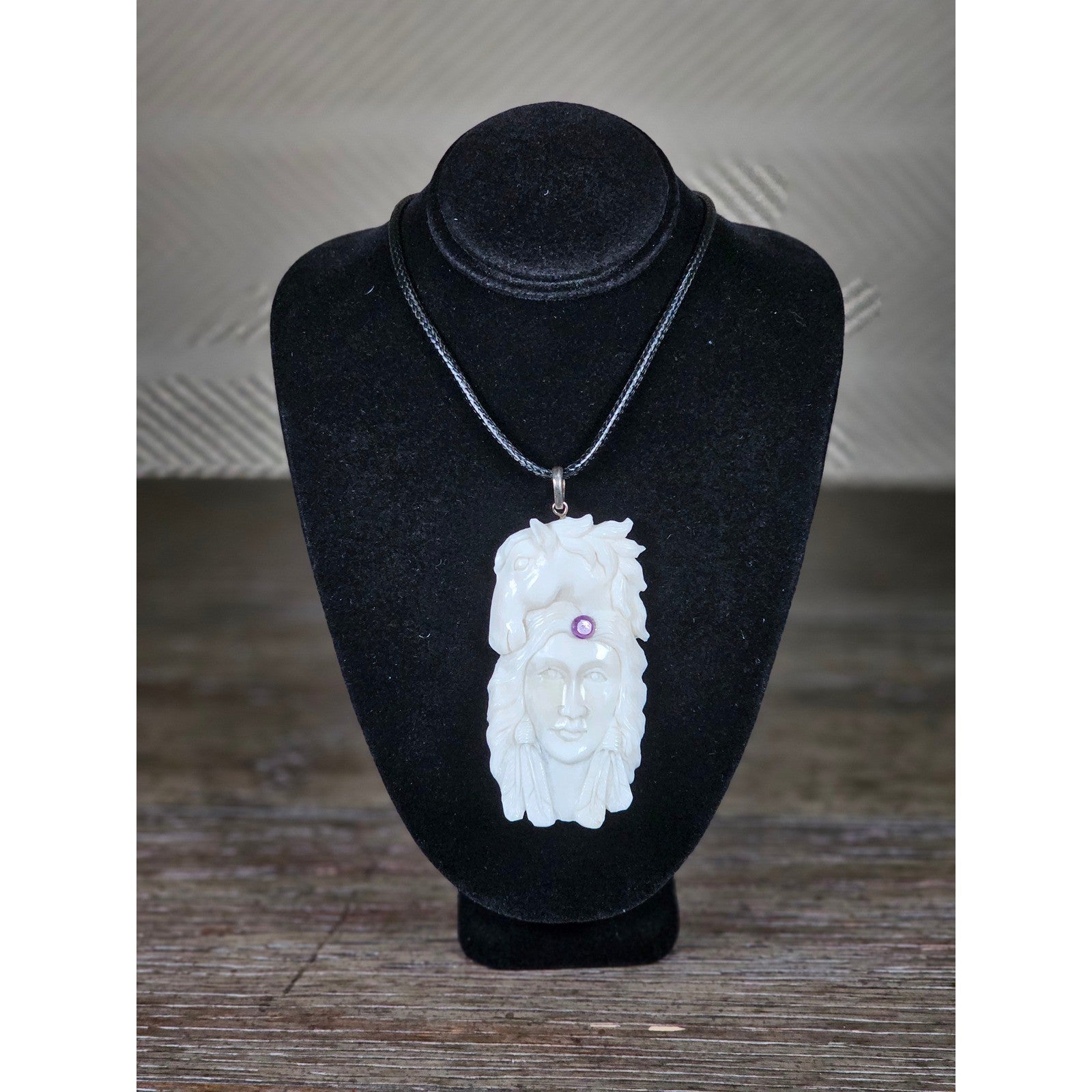 Vintage Buffalo Bone Carved Horse & Native American Figure Pendant Necklace