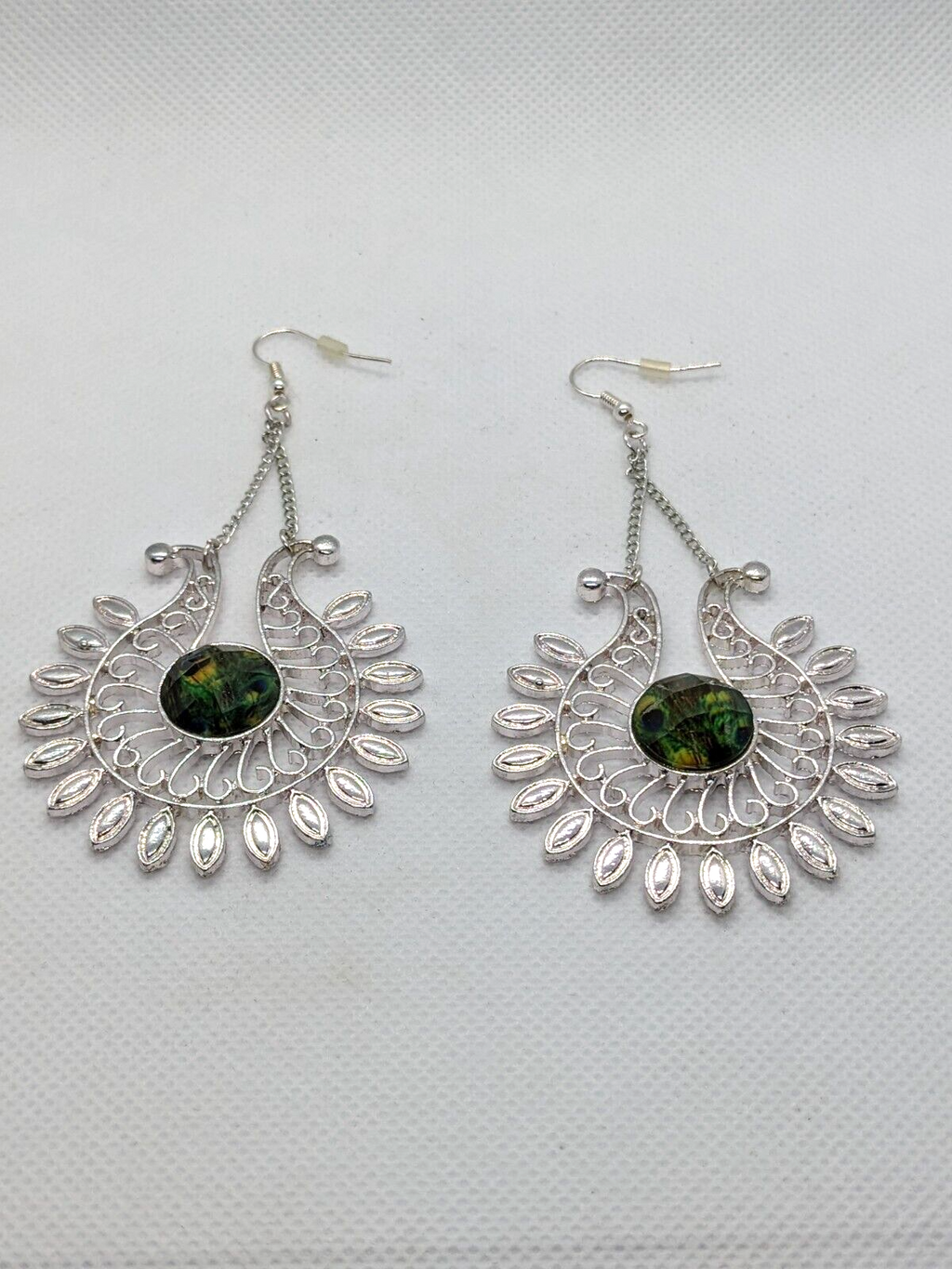 Silver Plated Peacock Feather Acrylic Eye Dangle Drop Earrings