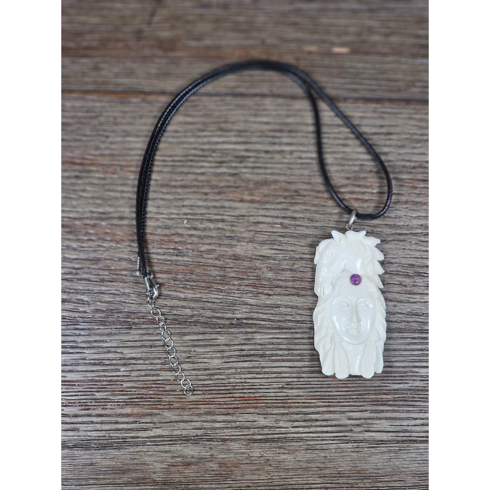 Carved Buffalo Bone Pendant Woman & Horse Motif 3x1 Inch Statement Necklace