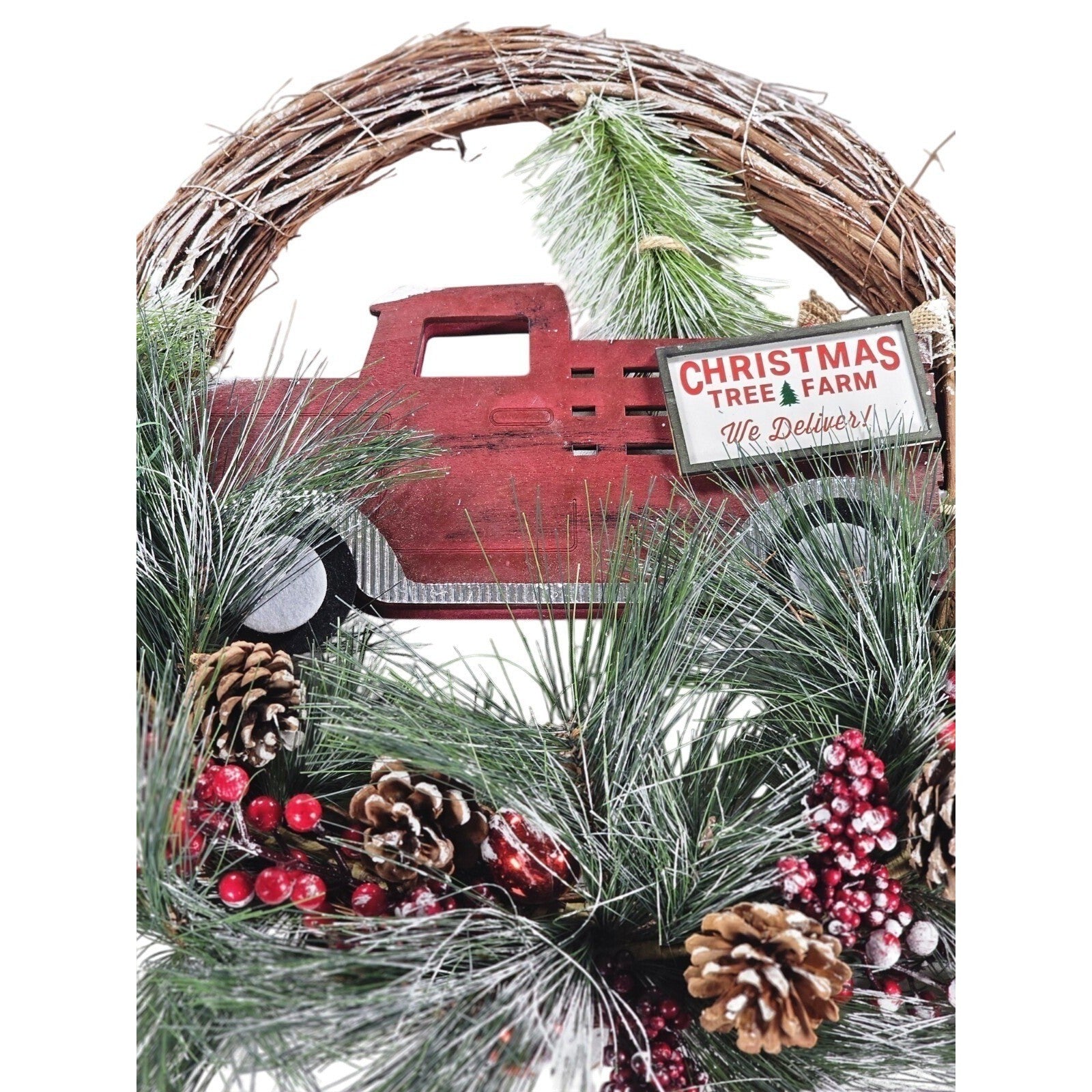 Rustic Red Truck Christmas Wreath Pinecones Berries Farmhouse Holiday Decor