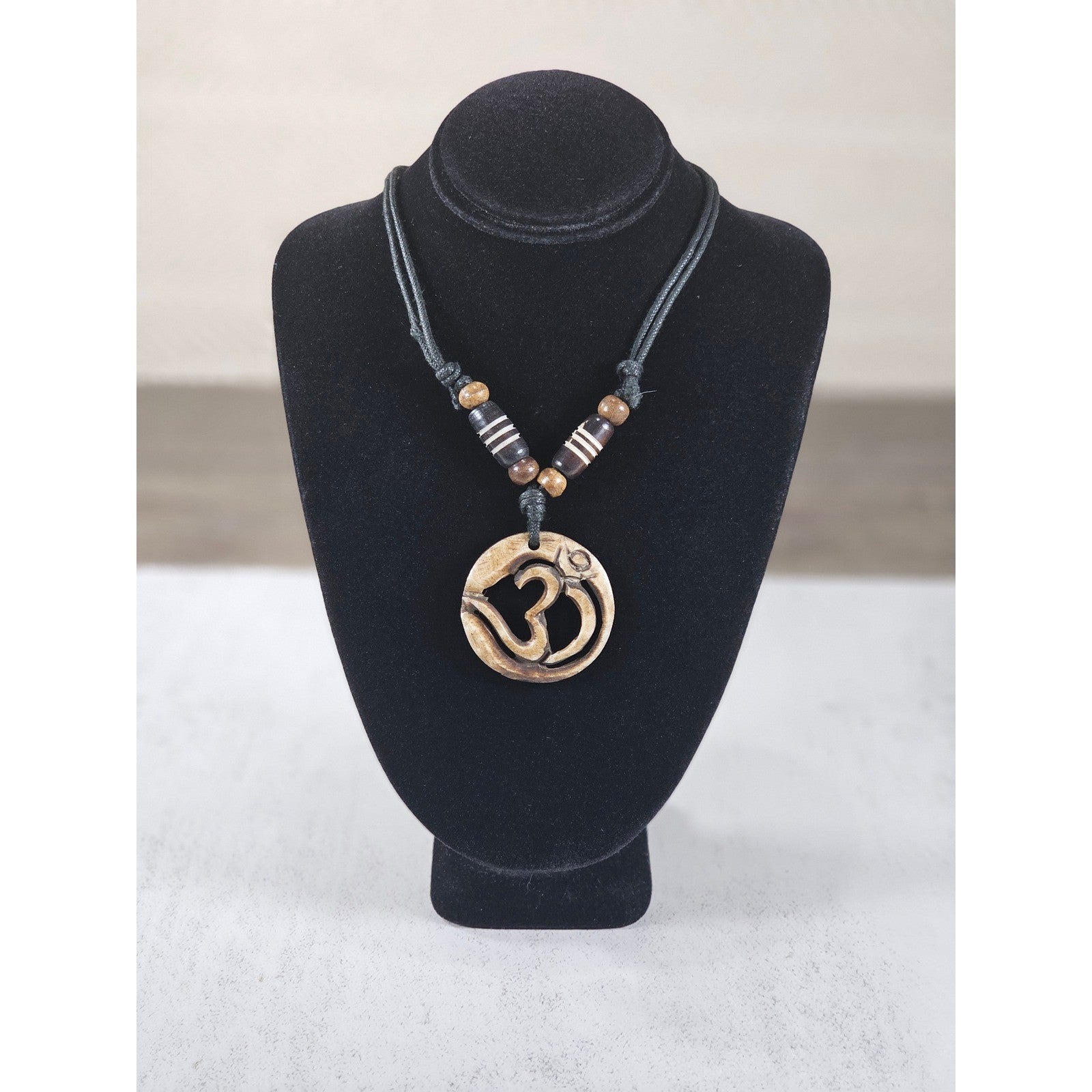 Vintage Carved Om Pendant Necklace Wood Beaded Cord Boho Yoga