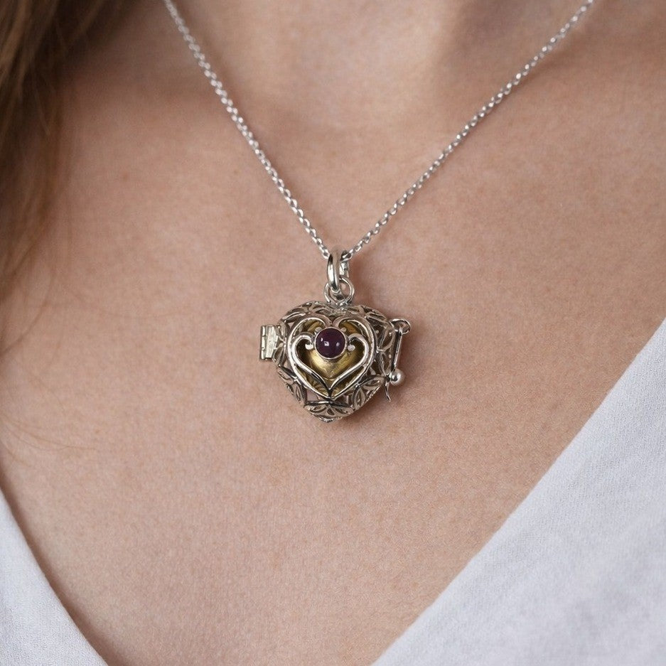 Vintage Heart Cage Locket Pendant With Red Cabochon Accent