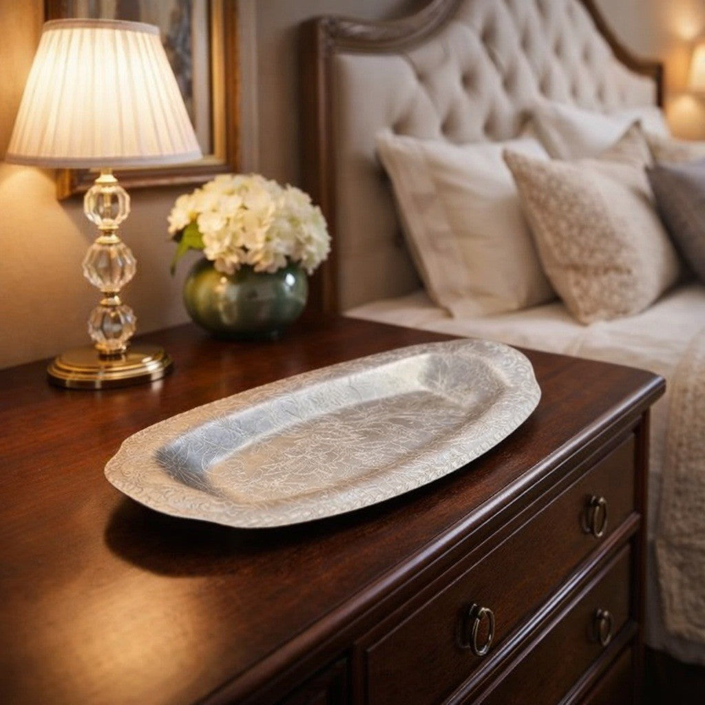 Vintage Aluminum Floral Etched Serving Tray 13x7 Decorative Rectangle