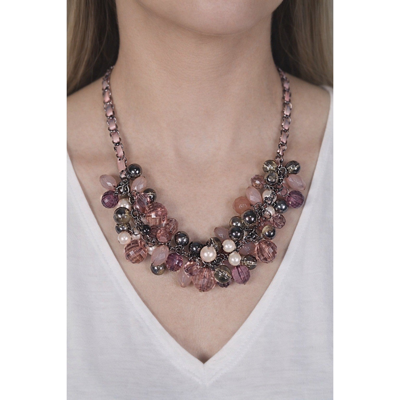 Vintage Pink Beaded Cluster Necklace with Ribbon Chain Detail