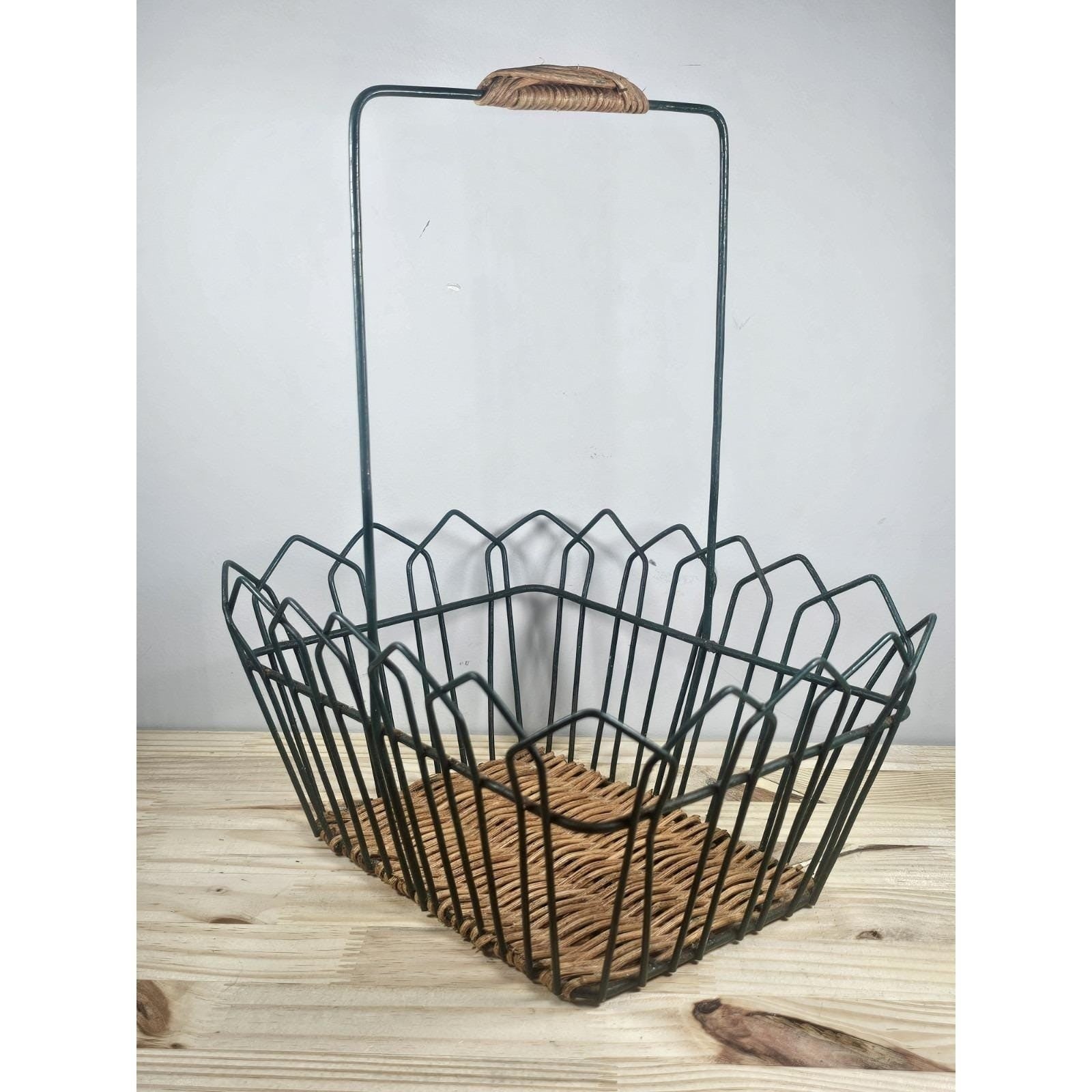 Vintage Rattan Basket with Black Metal Frame Rustic Storage Decor